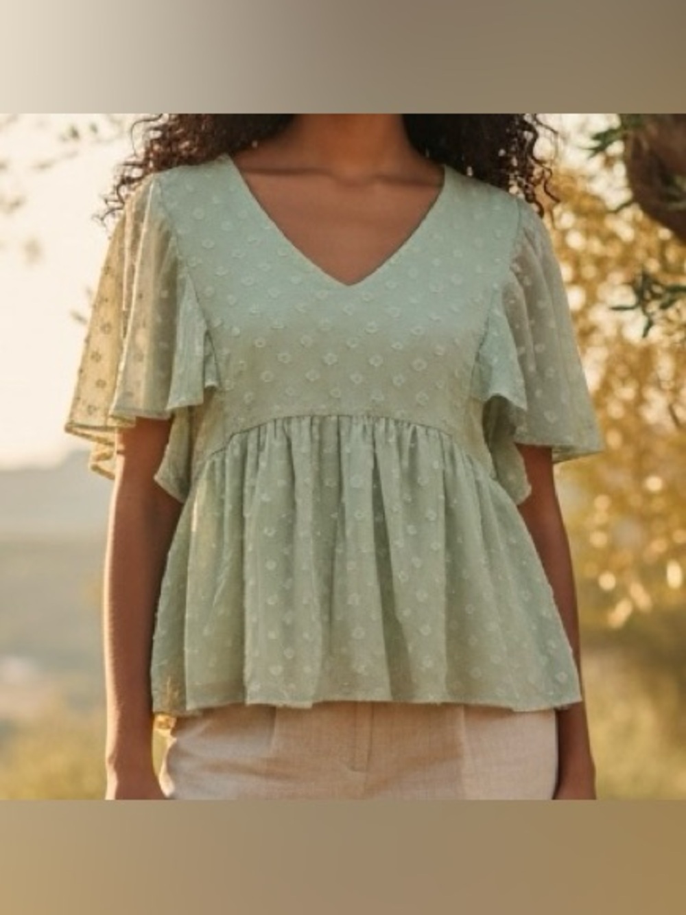 Arula Swiss Dot Babydoll Flutter Sleeve Blouse Sage Green Size X = XL